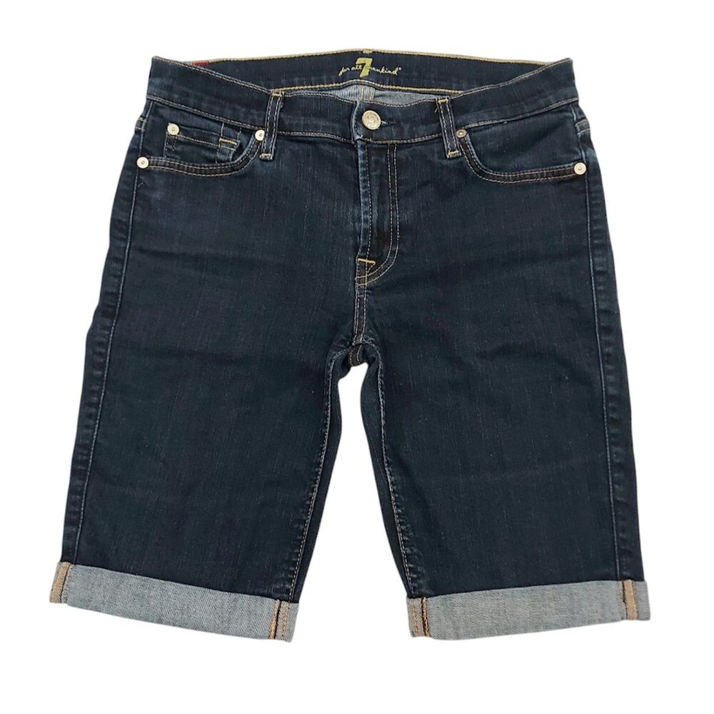 7 For All Mankind Bermuda Shorts Womens 27 Blue Cuffed Stretch Mid Rise Denim